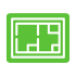 Green floor plan icon on black background.