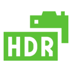 Green HDR camera icon on black background.
