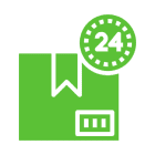 Green package icon with 24-hour delivery.